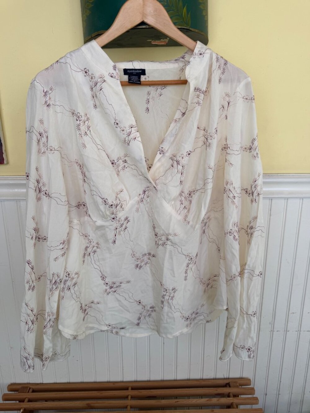 Eyeshadow Womens Cream Floral Print Long Sleeve Top 2X 55% Silk 45% Cotton